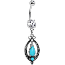 Load image into Gallery viewer, Clear Gem Synthetic Turquoise Detailed Teardrop  Dangle Belly Ring
