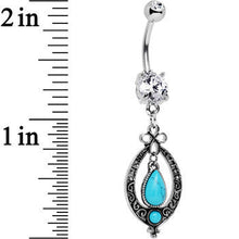 Load image into Gallery viewer, Clear Gem Synthetic Turquoise Detailed Teardrop  Dangle Belly Ring
