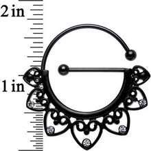 Load image into Gallery viewer, Clear Gem Black PVD Barbell Filigree Heart Universal Nipple Ring Set
