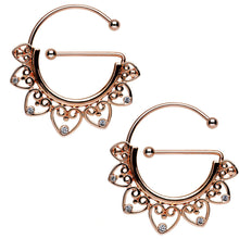 Load image into Gallery viewer, Clear Gem Rose Gold PVD Filigree Heart Universal Nipple Ring Set
