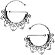 Load image into Gallery viewer, Clear Gem Stainless Steel Filigree Heart Universal Nipple Ring Set
