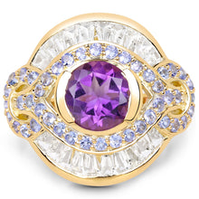 Load image into Gallery viewer, 14K Yellow Gold Plated 3.93 Carat Genuine Amethyst, Tanzanite and White Topaz .925 Sterling Silver Ring
