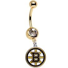 Load image into Gallery viewer, Licensed NHL Clear Gem Gold Anodized Boston Bruins Dangle Belly Ring
