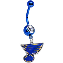 Load image into Gallery viewer, Licensed NHL Clear Gem Blue Anodized St Louis Blues Dangle Belly Ring
