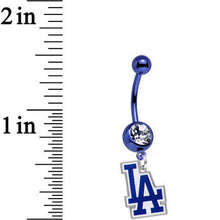Load image into Gallery viewer, Licensed MLB Clear Gem Blue Anodized LA Dodgers Dangle Belly Ring
