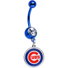 Load image into Gallery viewer, Licensed MLB Clear Gem Blue Anodized Chicago Cubs Dangle Belly Ring
