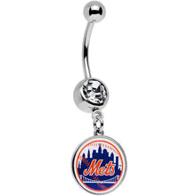 Load image into Gallery viewer, Licensed MLB Clear Gem Stainless Steel New York Mets Dangle Belly Ring
