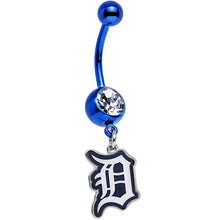 Load image into Gallery viewer, Licensed MLB Clear Gem Blue Anodized Detroit Tigers Dangle Belly Ring
