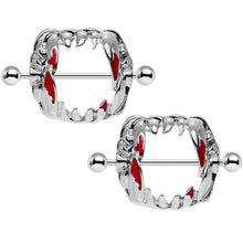 Load image into Gallery viewer, 14G 1 1/8 Steel Dripping Red Vampire Fangs Barbell Nipple Shield Set
