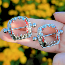Load image into Gallery viewer, 14G 1 1/8 Steel Dripping Red Vampire Fangs Barbell Nipple Shield Set
