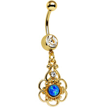 Load image into Gallery viewer, Clear Gem Blue Faux Opal Gold Anodized Flower Dangle Belly Ring
