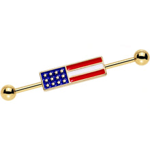 Load image into Gallery viewer, Clear Gem Gold PVD USA All Day American Flag Industrial Barbell 38mm
