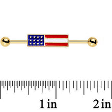 Load image into Gallery viewer, Clear Gem Gold PVD USA All Day American Flag Industrial Barbell 38mm
