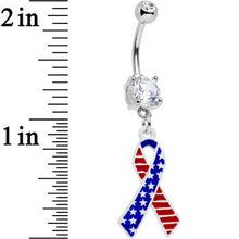 Load image into Gallery viewer, Clear Gem Red White and Blue Patriotic USA Ribbon Dangle Belly Ring
