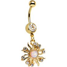 Load image into Gallery viewer, Clear Gem White Faux Opal Gold Anodized Sunburst Dangle Belly Ring
