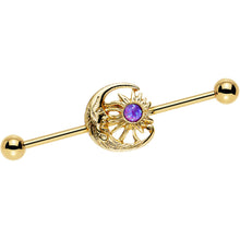 Load image into Gallery viewer, Purple Faux Opal Gold Anodized Moon and Sun Industrial Barbell 38mm
