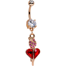 Load image into Gallery viewer, Clear Purple Red Gem Rose Gold Anodized Heart Rose Dangle Belly Ring

