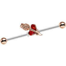 Load image into Gallery viewer, 14G Clear Red Gem Rosy Hue Heart and Rose Flower Industrial Barbell 38mm
