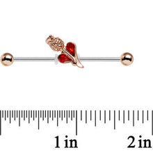 Load image into Gallery viewer, 14G Clear Red Gem Rosy Hue Heart and Rose Flower Industrial Barbell 38mm
