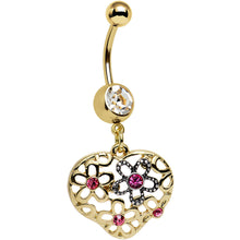 Load image into Gallery viewer, Clear Pink Gem Gold Anodized Flower Garden Heart Dangle Belly Ring
