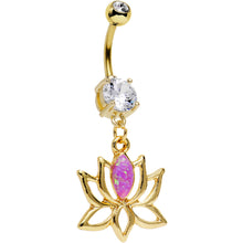 Load image into Gallery viewer, Clear Gem Pink Faux Opal Gold Plated Framework Lotus Flower Dangle Belly Ring
