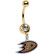 Load image into Gallery viewer, Licensed NHL Clear Gem Gold Anodized Anaheim Ducks Logo Belly Ring
