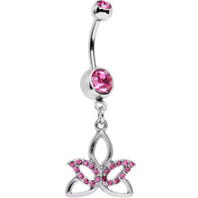 Load image into Gallery viewer, Pink Gem Live in the Light Lotus Flower Dangle Belly Ring
