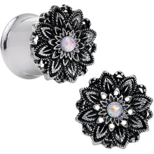 Load image into Gallery viewer, 1/2 White Synthetic Opal Steel Flower Frame Double Flare Plug Set
