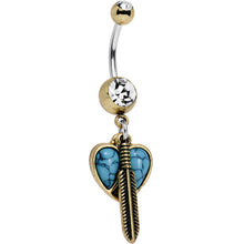 Load image into Gallery viewer, Faux Turquoise Clear Gem Heart Forever Feather Dangle Belly Ring
