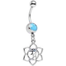 Load image into Gallery viewer, Faux Turquoise Aqua Gem Framework Lotus Flower Ohm Dangle Belly Ring
