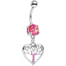 Load image into Gallery viewer, Pink Faux Opal Pink Gem Tree of Life Heart Dangle Belly Ring
