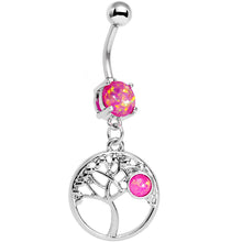 Load image into Gallery viewer, Pink Faux Opal Circular Frame Terra Tree of Life Dangle Belly Ring
