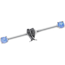 Load image into Gallery viewer, 14G Blue Faux Opal Sheathed Wings Industrial Barbell 38mm
