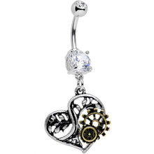 Load image into Gallery viewer, Clear Gem Steampunk Mechanical Heart Dangle Belly Ring
