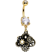 Load image into Gallery viewer, Clear Gem Gold PVD Steampunk Jumble Gears Dangle Belly Ring
