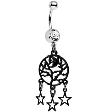 Load image into Gallery viewer, Clear Gem Nighttime Treetop Moon and Stars Dangle Belly Ring
