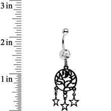 Load image into Gallery viewer, Clear Gem Nighttime Treetop Moon and Stars Dangle Belly Ring
