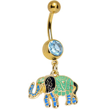 Load image into Gallery viewer, Aqua Gem Gold Blue Green Hip to the Scene Elephant Dangle Belly Ring
