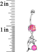 Load image into Gallery viewer, Pink Faux Opal Diving Dolphin Dangle Belly Ring
