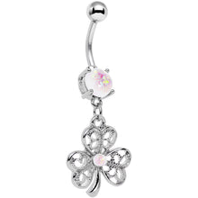 Load image into Gallery viewer, White Faux Opal Double Detail Shamrock Dangle Belly Ring
