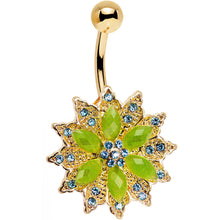 Load image into Gallery viewer, Green Aqua Gem Gold Anodized Starbust Power Flower Belly Ring
