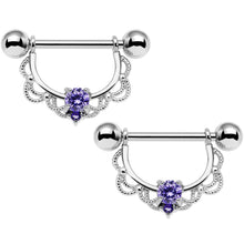 Load image into Gallery viewer, 14G 5/8 Purple CZ Gem Steel Scalloped Dangle Nipple Ring Set
