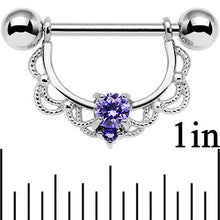 Load image into Gallery viewer, 14G 5/8 Purple CZ Gem Steel Scalloped Dangle Nipple Ring Set
