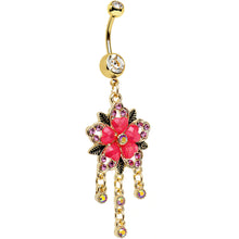 Load image into Gallery viewer, Clear Pink Aurora Gem Gold Anodized Heart Flower Dangle Belly Ring
