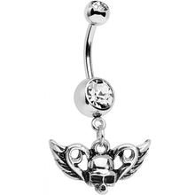 Load image into Gallery viewer, Clear Gem Born to Be Bad Winged Skull Dangle Belly Ring
