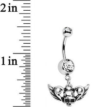 Load image into Gallery viewer, Clear Gem Born to Be Bad Winged Skull Dangle Belly Ring
