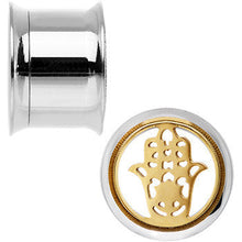 Load image into Gallery viewer, 9/16 Steel Sunlit Hamsa Hand Screw Fit Tunnel Plug Set
