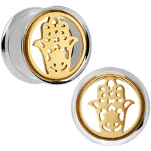 Load image into Gallery viewer, 5/8 Steel Sunlit Hamsa Hand Screw Fit Tunnel Plug Set
