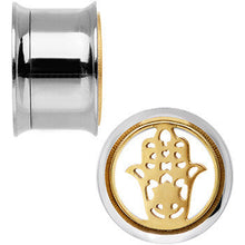 Load image into Gallery viewer, 5/8 Steel Sunlit Hamsa Hand Screw Fit Tunnel Plug Set
