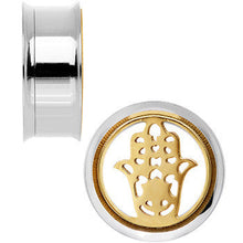Load image into Gallery viewer, 25mm Steel Sunlit Hamsa Hand Screw Fit Tunnel Plug Set
